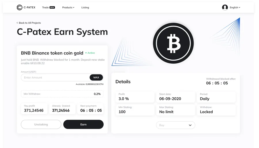 Patex — C-Patex Earn System, Specs and demo trading