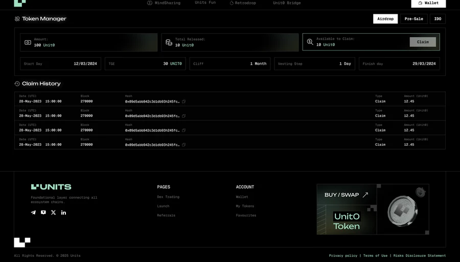 Units Network – UNIT0 token manager and claims
