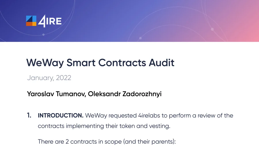 WeWay – token and vesting contracts audit by 4irelabs, January 2022