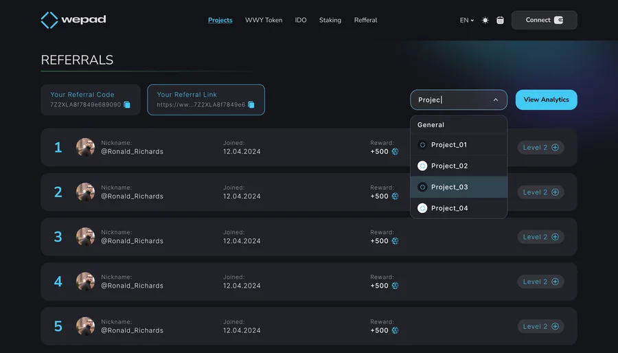 WePad — Referral, bonus and partnership staking
